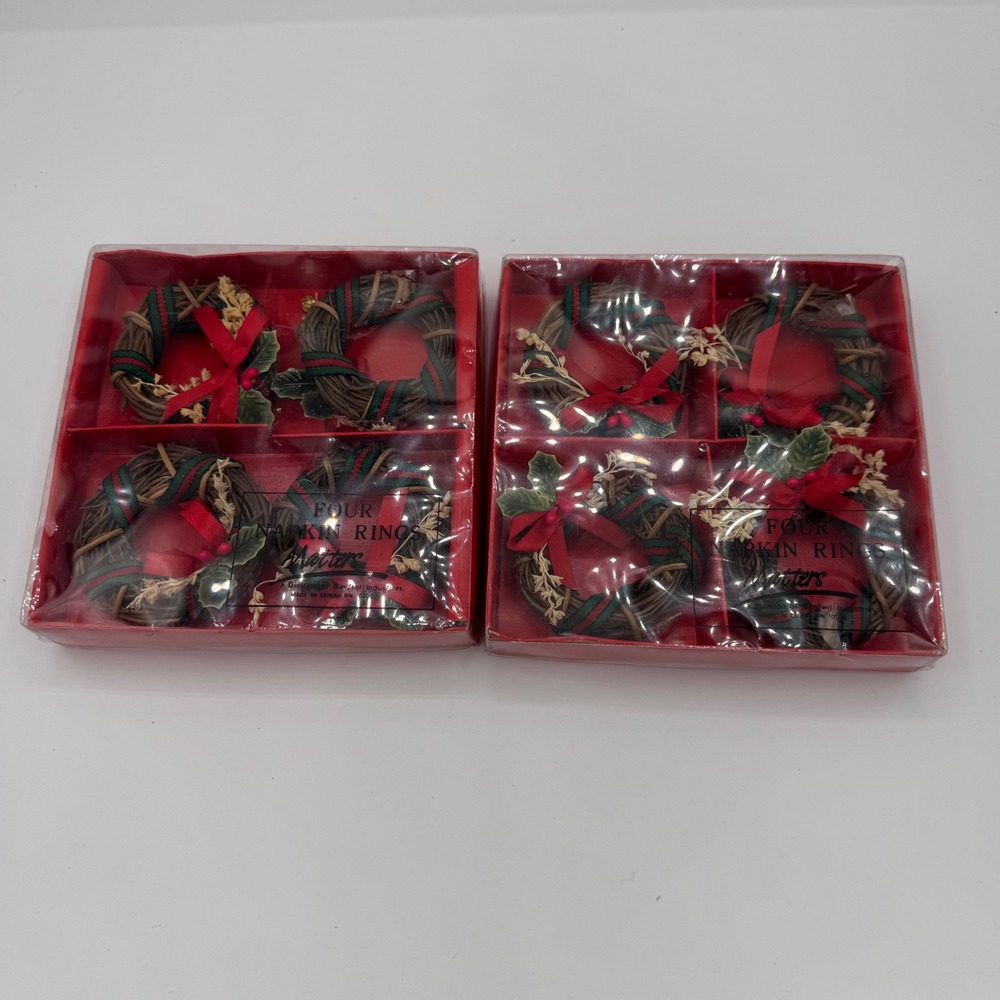 Vintage Bardwill Matters Christmas Wreath Napkin Rings Set of 8 Red Green Ribbon